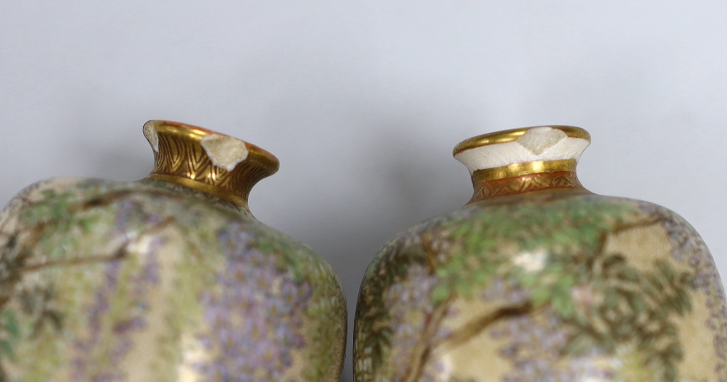 A near pair of Japanese Satsuma small wisteria vases by Kinkozan (a.f.) and a Satsuma miniature vase, tallest 12cm
